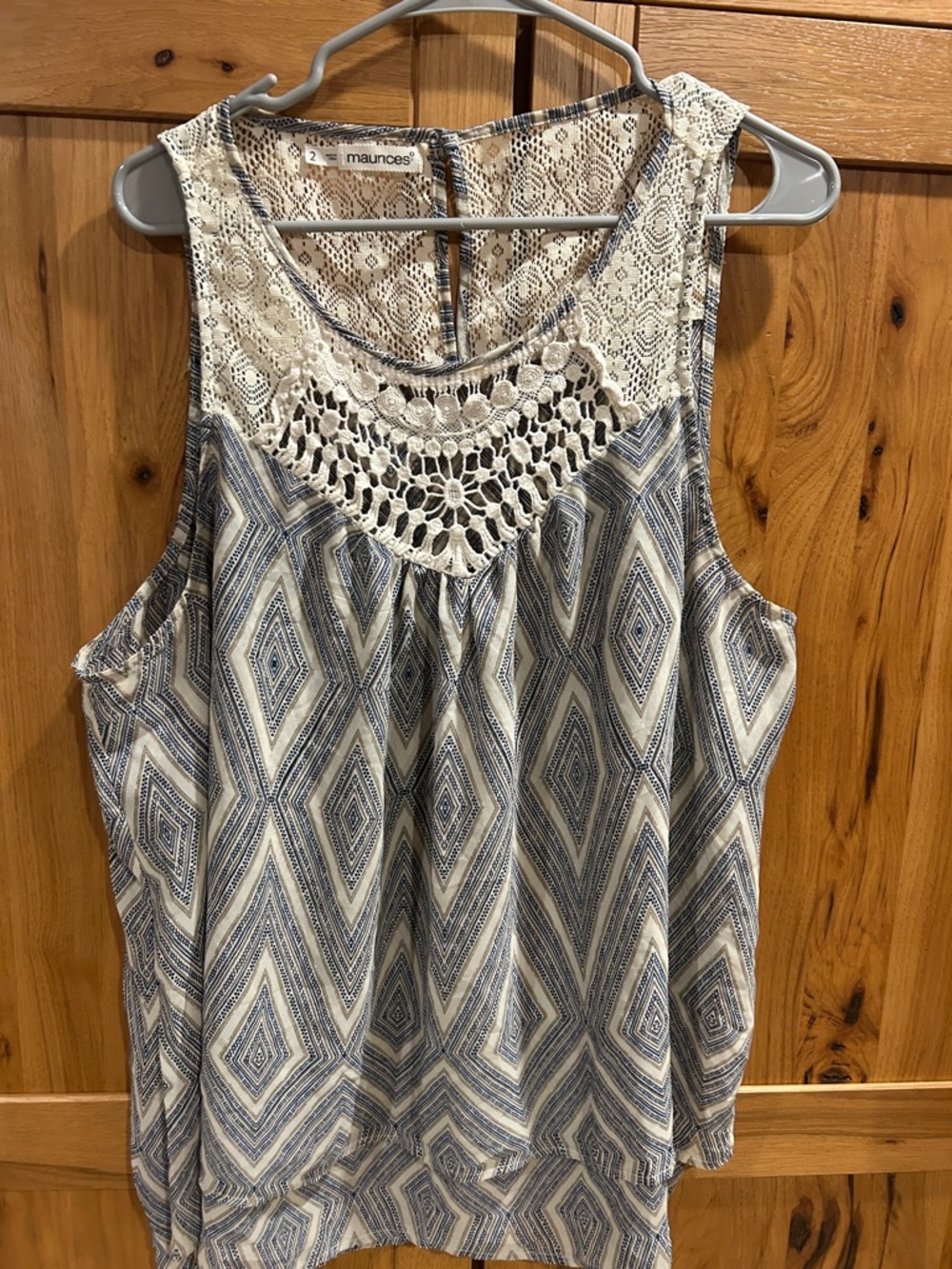 Maurices Blue & Cream Crochet Yoke Sleeveless Blouse